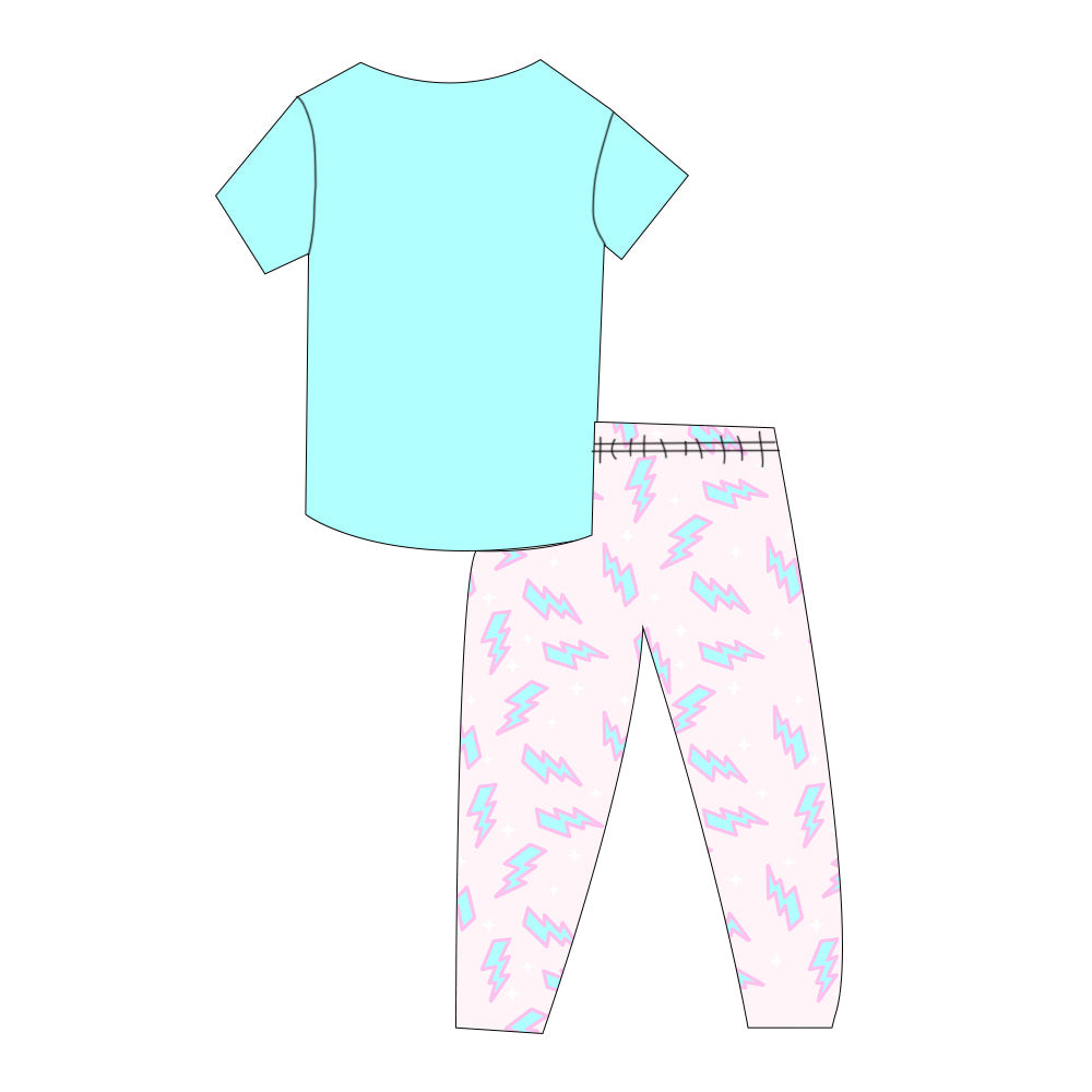 Bamboo Solid Tee & Printed Jogger Set - "Turquoise Lighting Bolts"