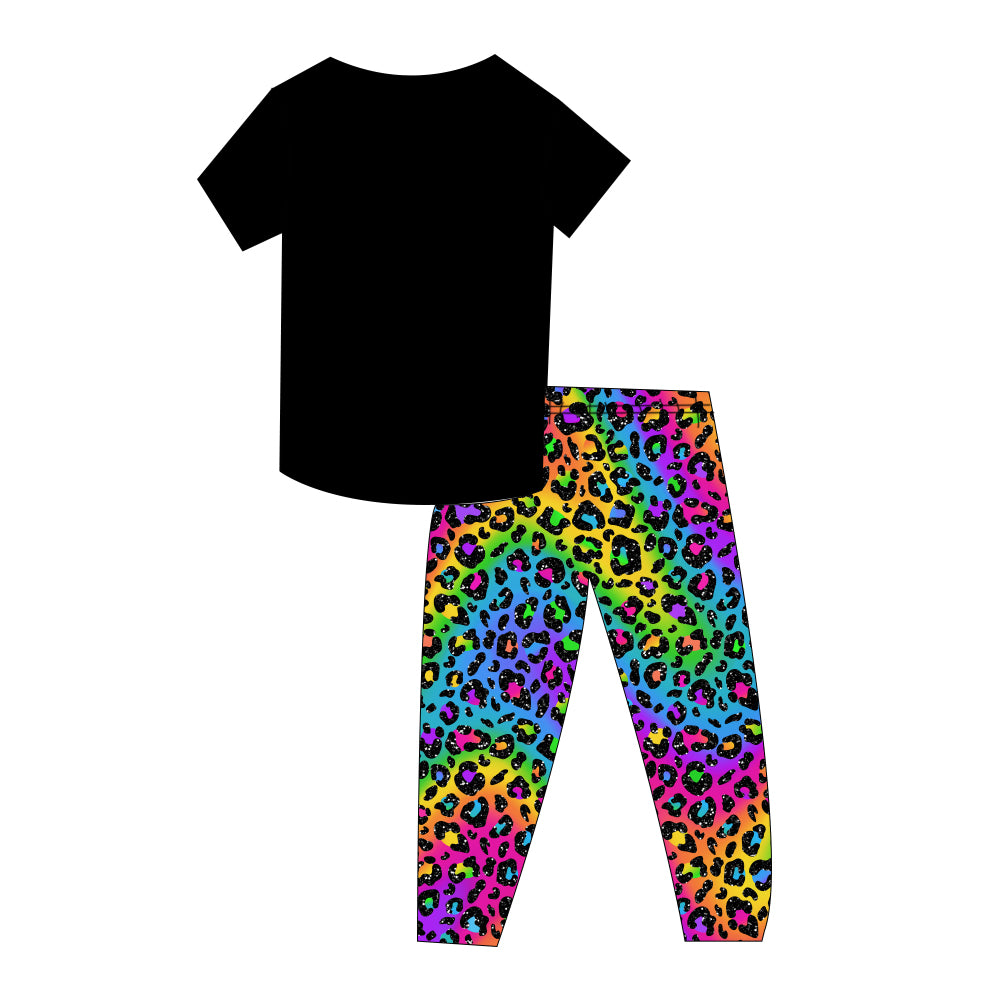 Bamboo Solid Tee & Printed Jogger Set - "Neon Leopard"