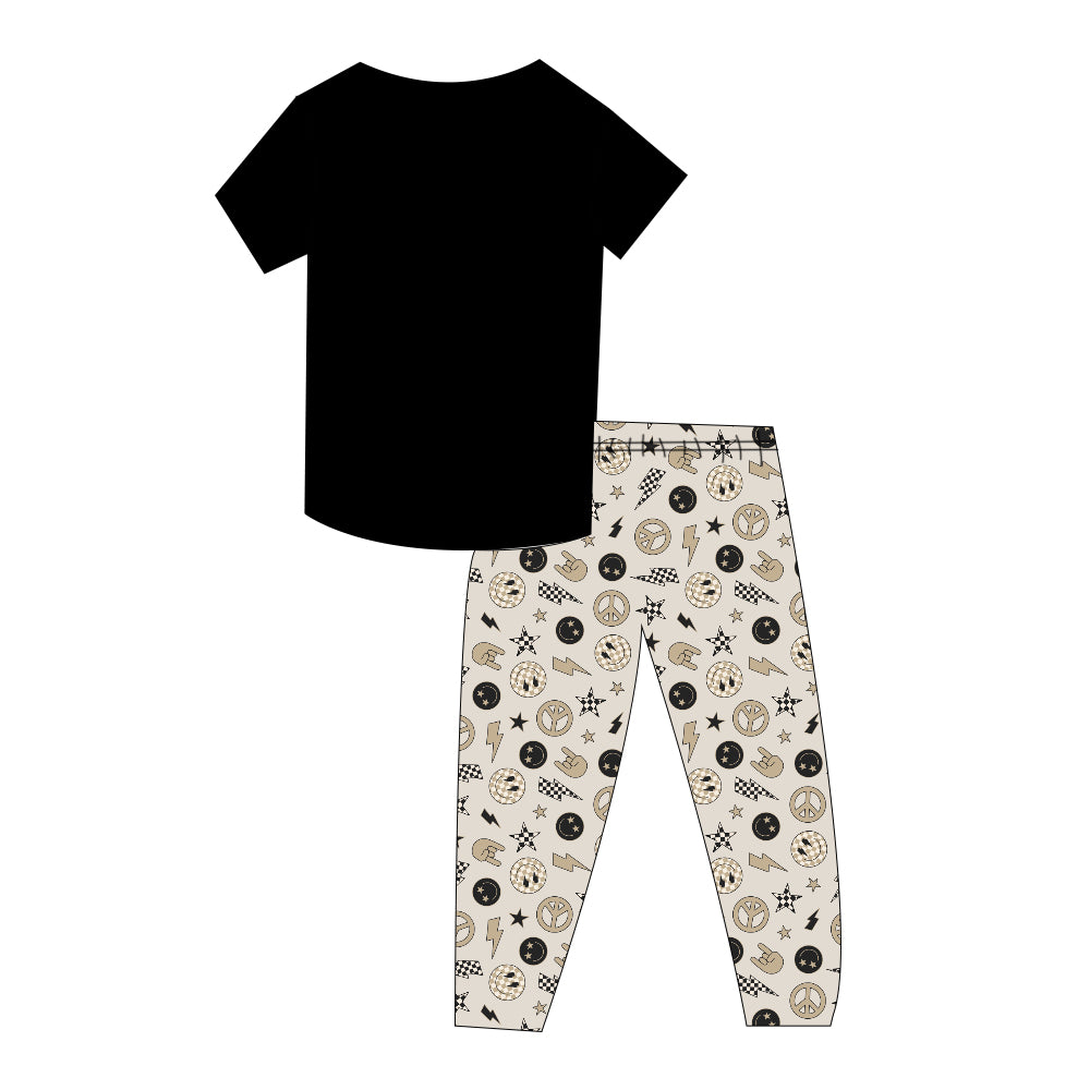 Bamboo Solid Tee & Printed Jogger Set - "Tan Smileys"