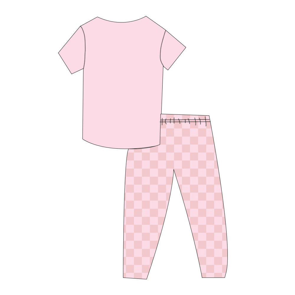 Bamboo Solid Tee & Printed Jogger Set - "Pink Checkered"