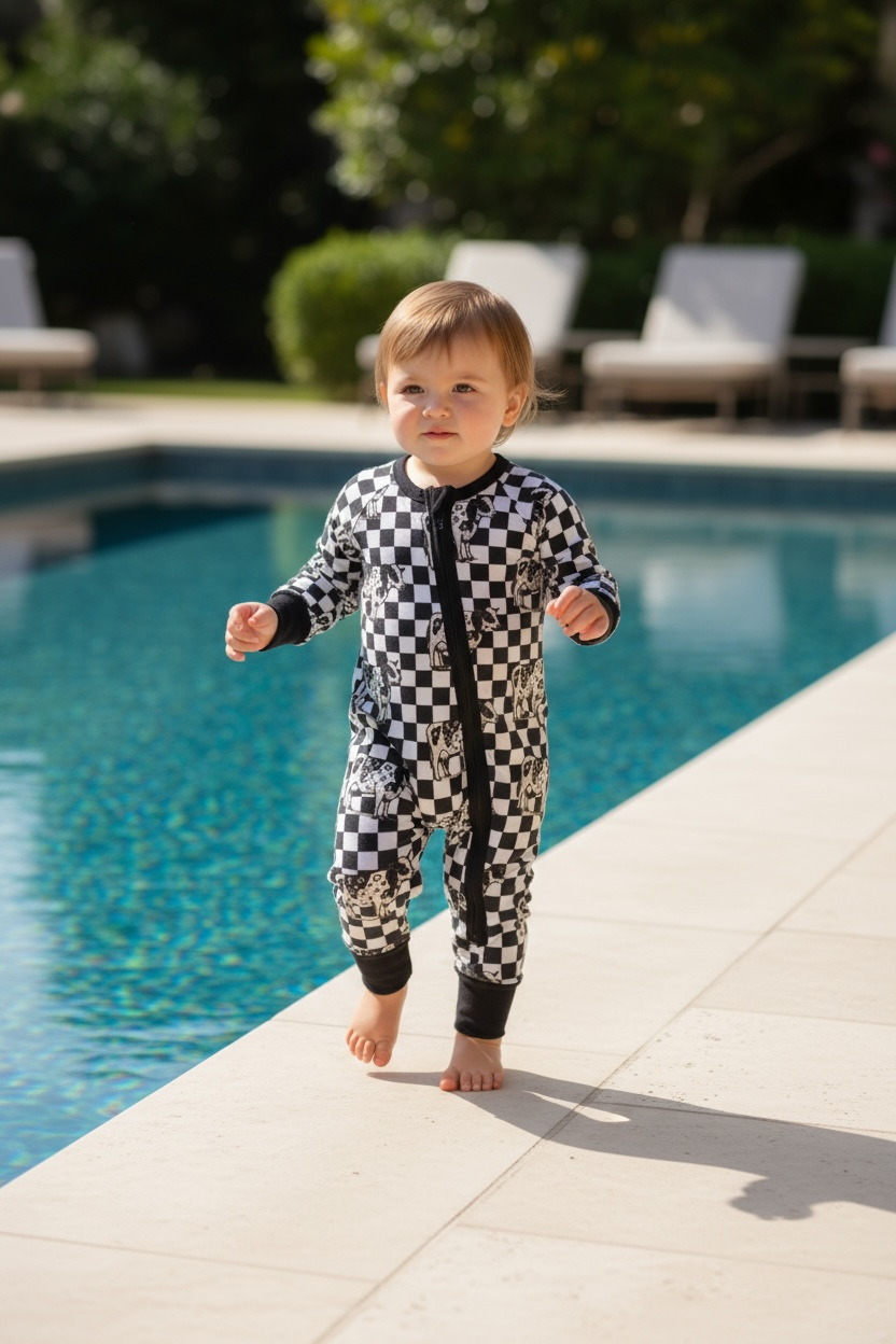 "LV" inspired black/white checkered bamboo Zippy